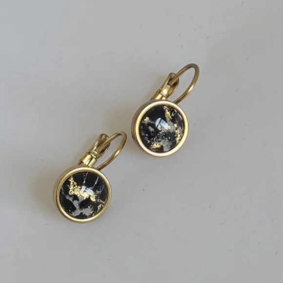 Elegant Hand Crafted Boho Black Gold Gemstone Marble Circle Drop Dangle Earrings - Picture 9 of 13